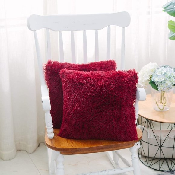 Red Luxury Furry Farmhouse Adorable Trendy Pompom Throw Pillow Decor Cover Set - Picture 3 of 7